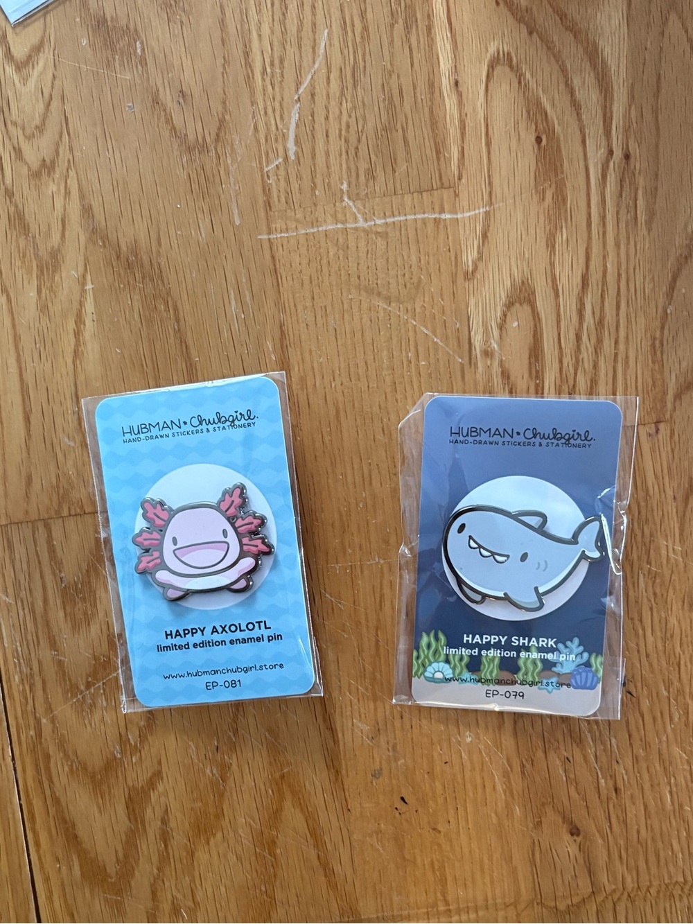2 Hubman and Chubgirl enamel pins Happy Shark and Happy Axolotl pin